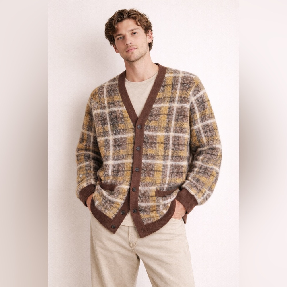 Sun + Stone Plaid Knitted Cardigan Mohair Feel | Indie Cozy | Men’s M